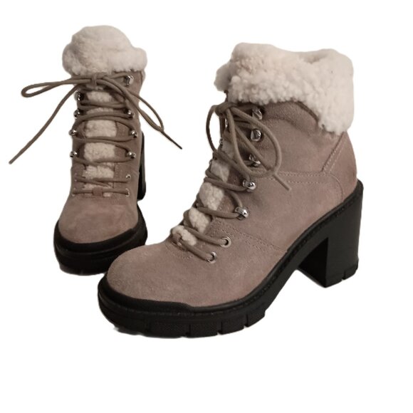 Marc Fisher Vacinta Gray Suede Shearling Heeled Combat Booties Women’s 6.5 - Picture 2 of 11